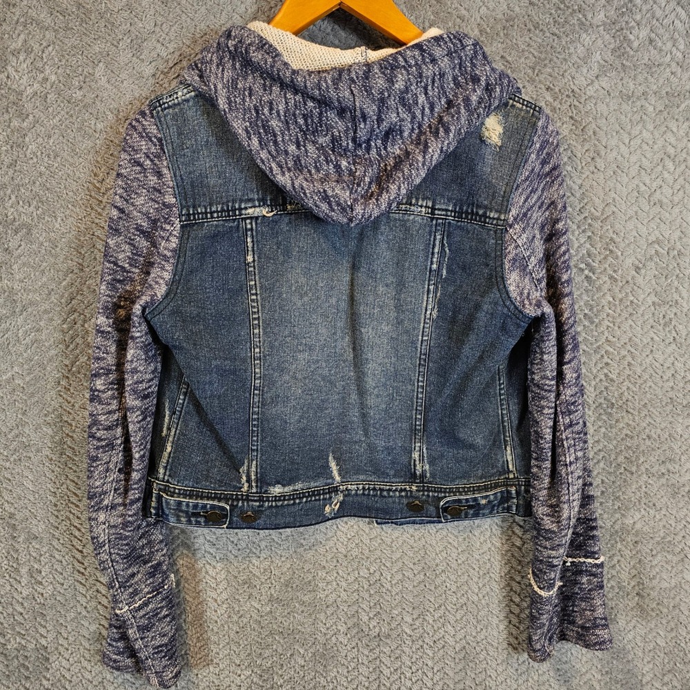 Free People Womens Mixed Media‎ Hooded Denim Jacket Blue Purple Distressed Small - Picture 8 of 9